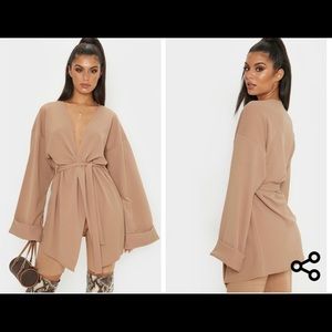 Camel Belted Oversized Sleeve Blazer